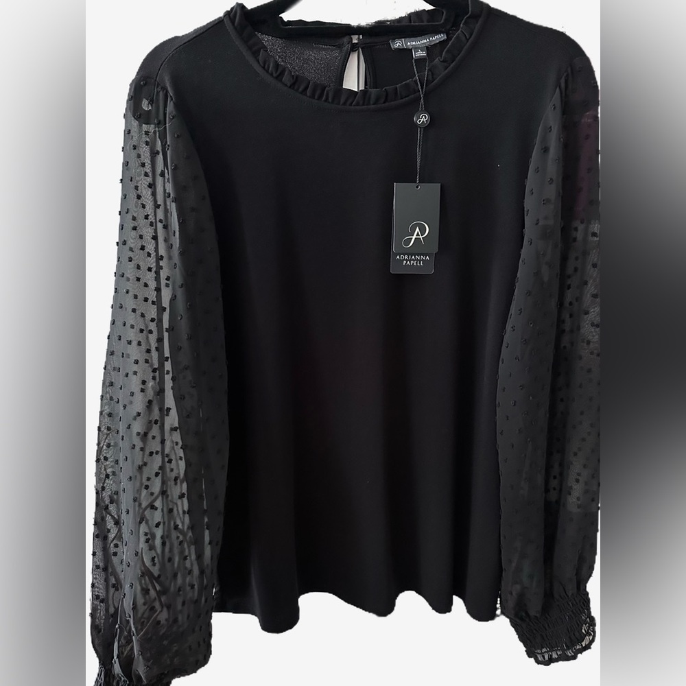 NWT Adrianna Papell Black Blouse with Sheer Sleeves